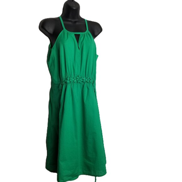 Halter Dress Small Petite Green Cotton Keyhole Neck Tie Waist Preppy Coastal - Picture 1 of 13